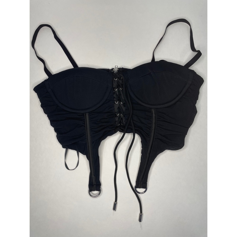 36point5 Corset Top Women Medium Black Excellent Ruched Mesh Lace Up